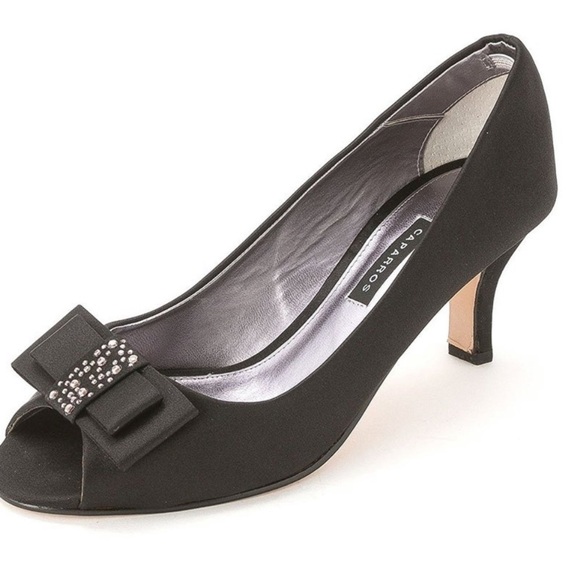 Caparros Shoes - New Caparros Black Satin Leather Peep Toe Pumps 6